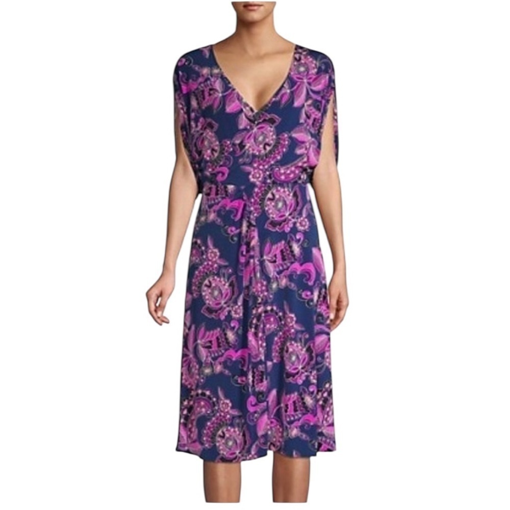 Trina Turk Peyton Print Faux Wrap Dress Size 6 Navy Pink Paisley Knee Length